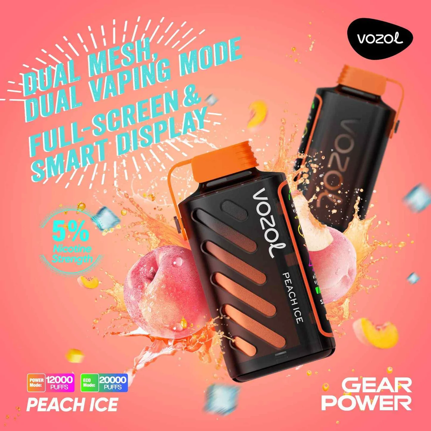 Vozol Gear 20000 full screen display, smart vape e-liquid indicator, digital battery level vape, real-time vape data - VOZOL GEAR POWER 20000 PUFFS - Peach Ice – JustDoVaping