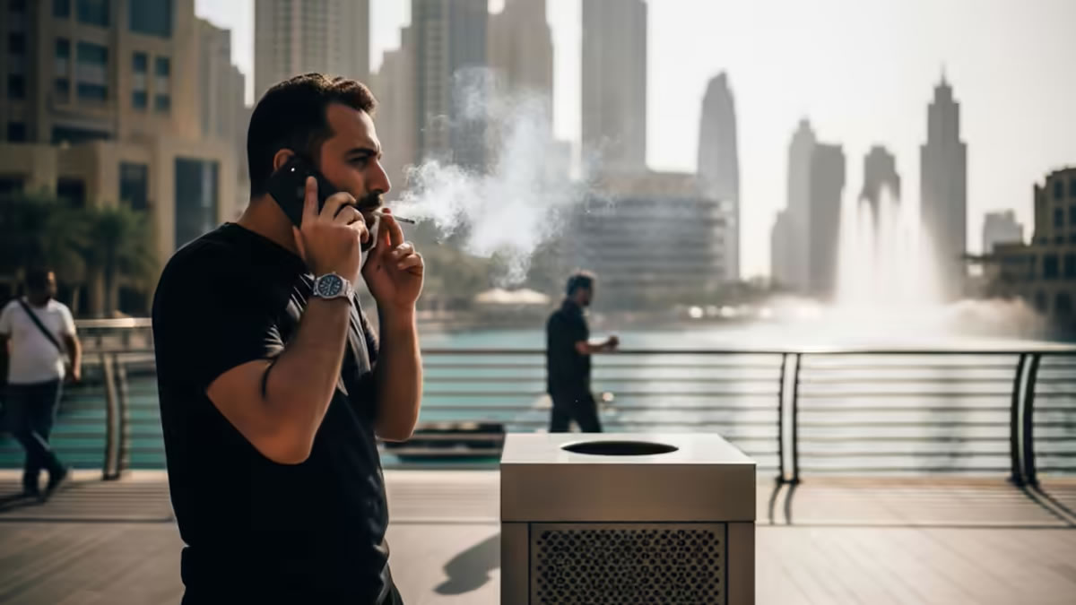 Vaping outdoors Dubai, designated smoking zone, mall exterior, UAE vape regulations, woman discreetly vaping in public area - Smoking and Vaping in the UAE: Everything You Need to Know - Ecigator