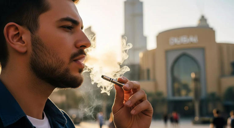Modern Arab man vaping in upscale Dubai cafe, City Walk Dubai, JLT traffic, relaxed e-cigarette user - Is vaping illegal in UAE? What visitors and residents need to know ...