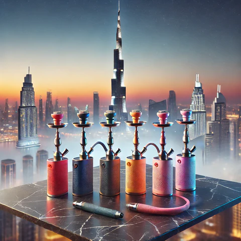 Futuristic vape device, Dubai skyline at dusk, modern e-shisha concept, no charcoal vaping - Portable Shisha Dubai: Experience Modern Convenience with Style