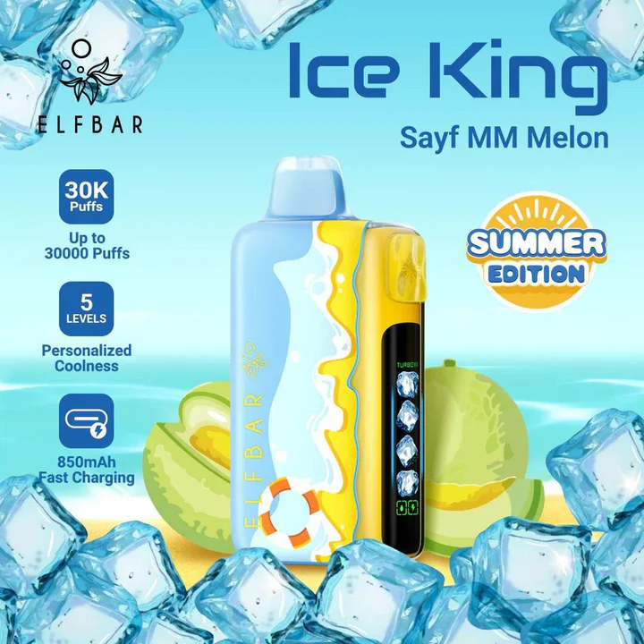 Ice and fire contrast, UAE summer beach, refreshing vape concept, Dubai skyline - Elf Bar Ice King Summer Edition 30K Puffs | Disposable UAE – Dubai ...
