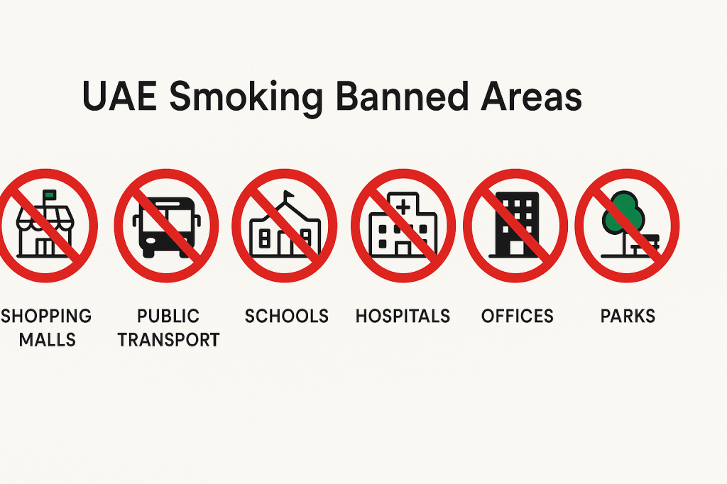 No vaping sign public places Dubai, e-cigarette prohibited malls UAE, restricted smoking areas - UAE Smoking Laws 2025: Public Spaces, Vaping & Shisha Rules Guide ...