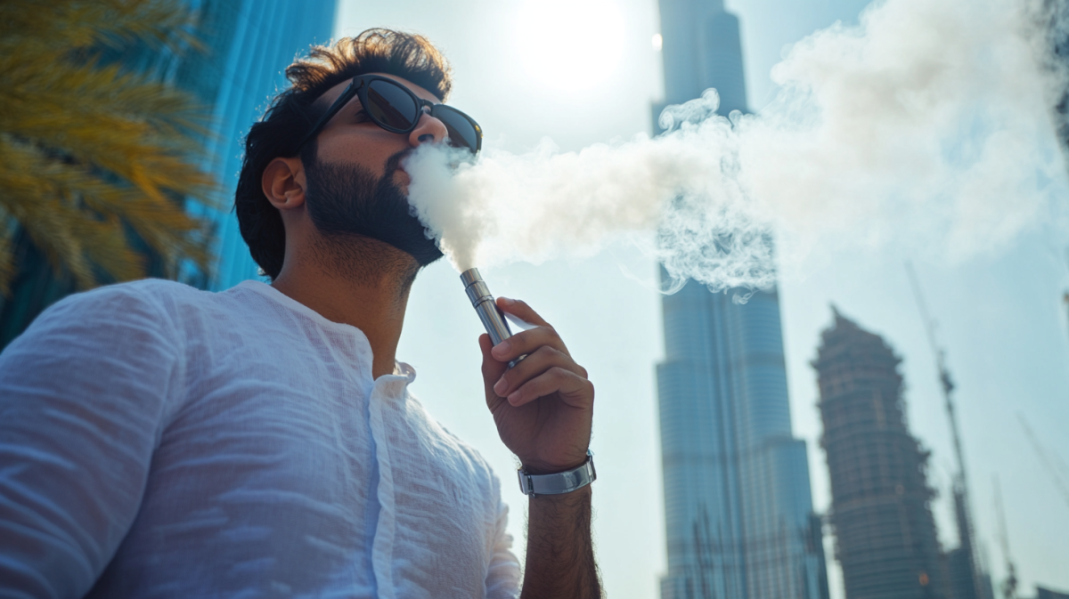 Vaping lifestyle UAE, Dubai skyline vape, mood companion vape, relaxed person vaping - UAE Vaping Laws 2025: Complete Guide to E-cigarette Rules ...