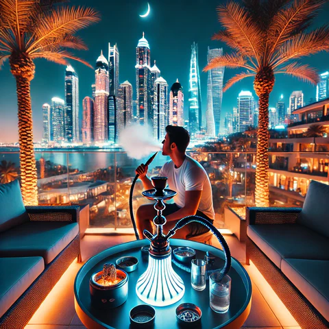 Jumeirah Dubai skyline, luxurious vape device UAE, modern shisha device silhouette against cityscape - Discover Premium Vapes and Shisha in Palm Jumeirah Dubai | Vape Dubai